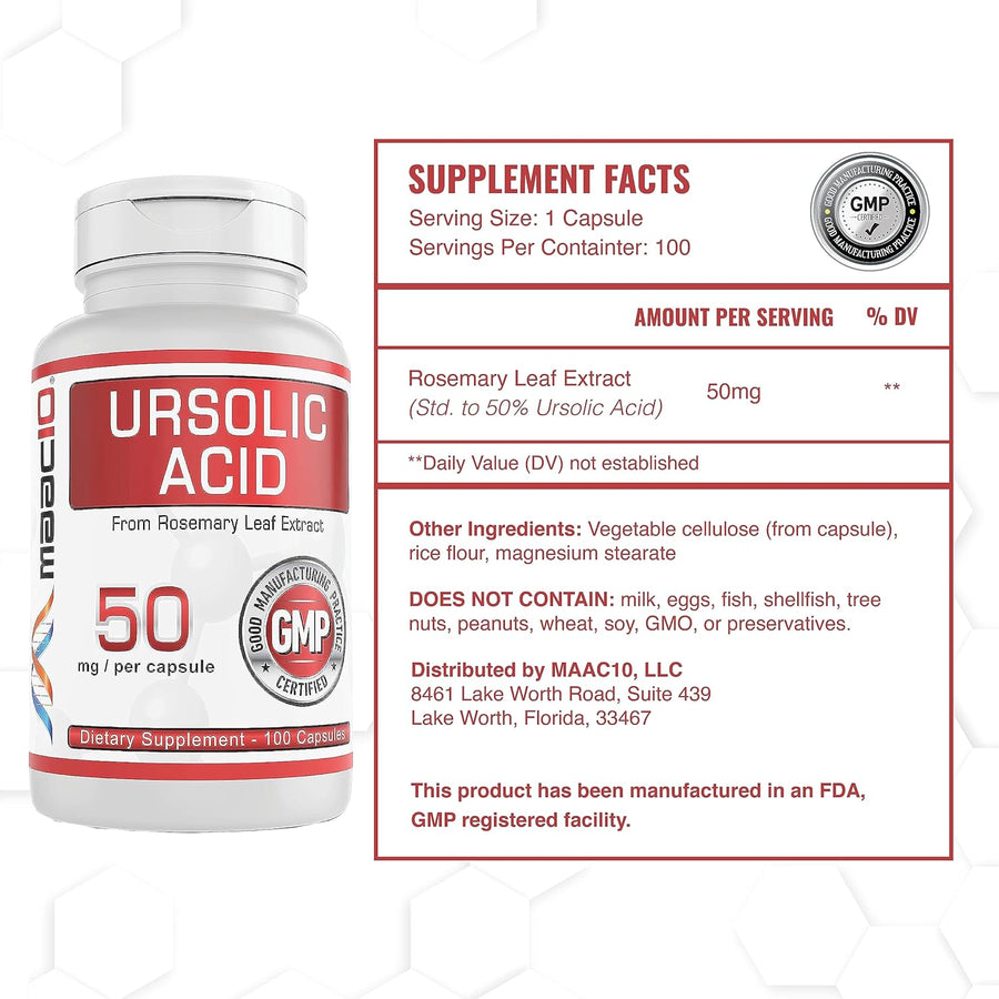 MAAC10 Ursolic Acid 50mg ( 100mg Rosemary Leaf Extract Standardized to 50% Ursolic Acid).