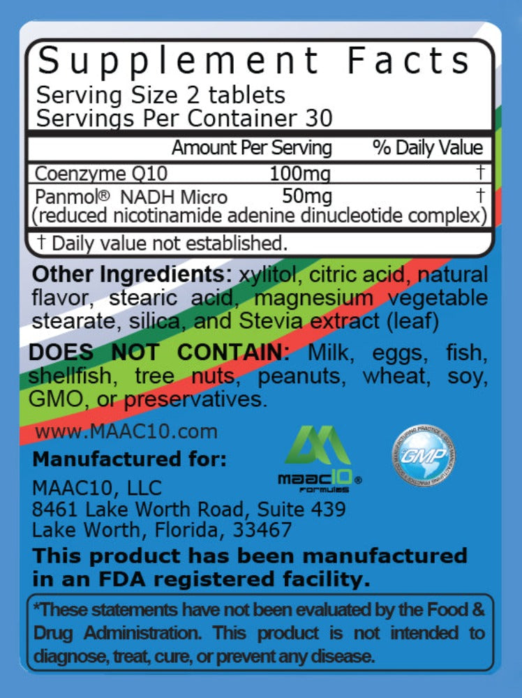 MAAC10 NADH + CoQ10 50mg PANMOL NADH + 100mg CoQ10 - Great Tasting Chews